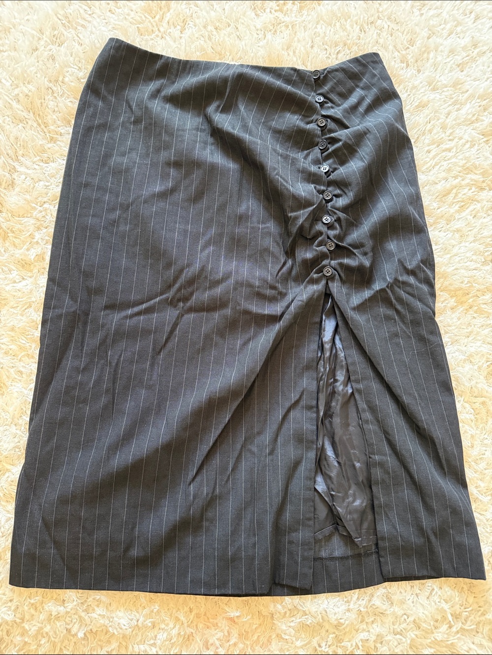 VINTAGE EMPORIO ARMANI PINSTRIPE NAVY BLUE GRAY 🌪️ HIGHSLIT BUTTON SKIRT